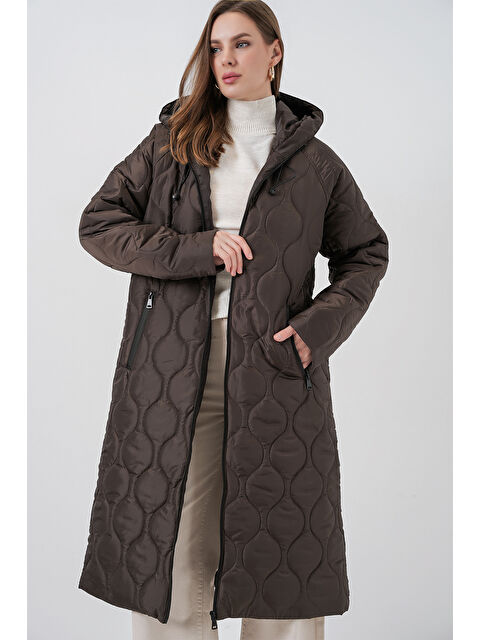 Bigdart 5177 Kapüşonlu Uzun Kapitone Mont - Kahverengi - S000119534-19413