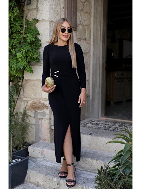 Jane's Kadın Uzun Kollu önden çapraz Detaylı Yandan Toka Detaylı Uzun Sandy Elbise - S000528784-19351