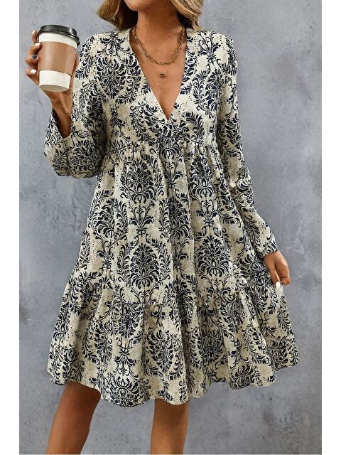 Jane's Kadın Uzun Kollu V Yakalı Fırfırlı Mini Süprem Elbise - S000528787-21164