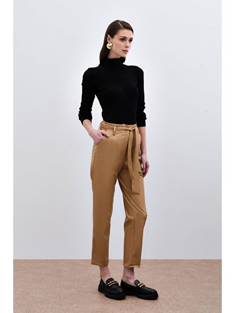 SATEEN Kuşaklı Deri Pantolon - Bej - S000372513-19928