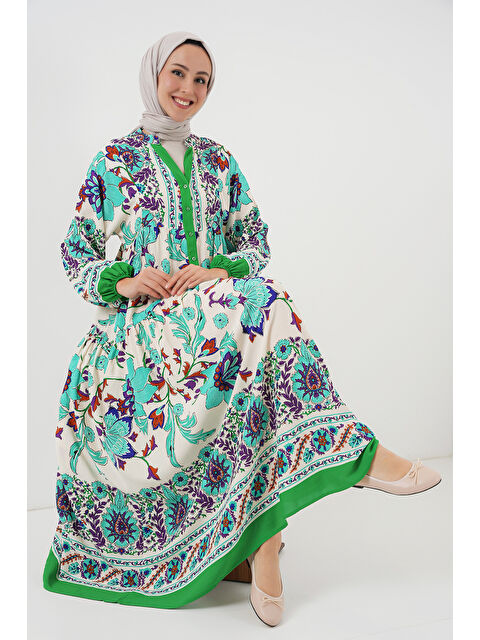 Bigdart 2423 Otantik Desenli Tesettür Elbise - Yeşil 1 - S000273939-5234