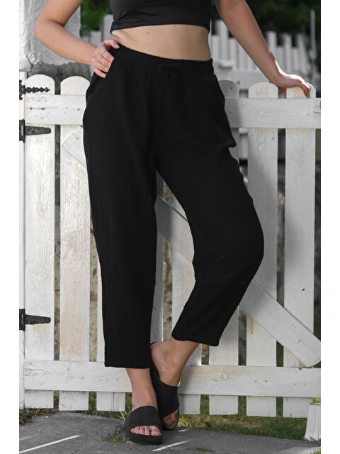 Chiccy Organik Pamuk Siyah Cepli Lastikli Ve Bağlamalı Bel Şalvar Casual Müslin Dokuma Pantolon 100 65 - S000416097-19351