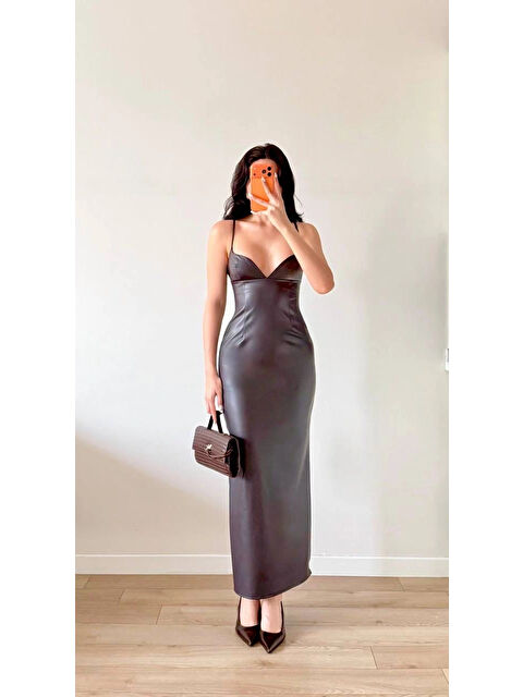 eka Kadın Kahve Askılı Deri Elbise 1041-2756 - S000488851-19413
