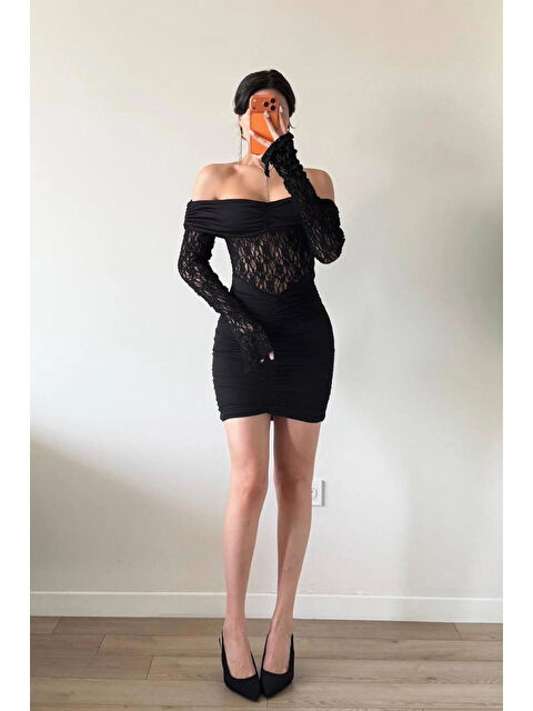 eka Kadın Siyah Dantelli Bel ve Göğüs Büzgülü Elbise 1041-2728 - S000482381-19351