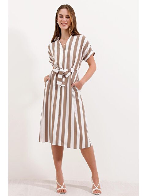 Bigdart 2456 Çizgili Gömlek Elbise - Bej - S000150160-19928