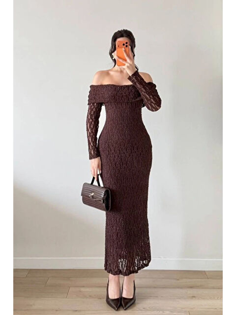 eka Kadın Kahve Straplez Yaka Dantelli Elbise 1041-2733 - S000488853-19413