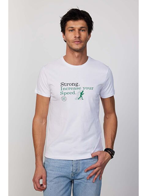 TUDORS Erkek Slim Fit Dar Kesim %100 Pamuk Yumuşak Dokulu Baskılı Beyaz Bisiklet Yaka Tişört