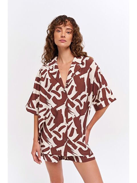 QUZU Kısa Kol Detaylı Desenli Gömlek Kahverengi - S000227179-19413