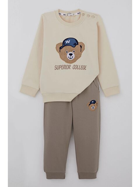 Breeze Erkek Bebek Eşofman Takımı Sevimli Ayıcık Aplikeli Kolej Model Krem (9 Ay-3 Yaş)