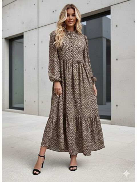 Jane's Kadın Uzun Kollu Hakim Yakalı Düğmeli Kemersiz Desenli Maxi Süprem Elbise - S000528792-4280