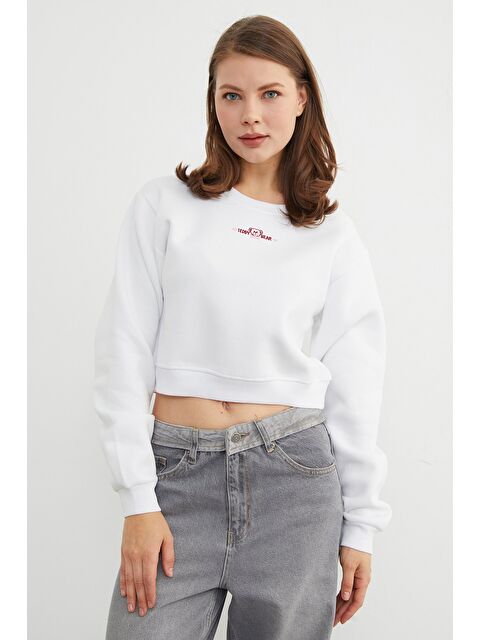 Fullamoda 3 İplik Ayıcık Nakışlı Crop Sweatshirt - S000469634-20063