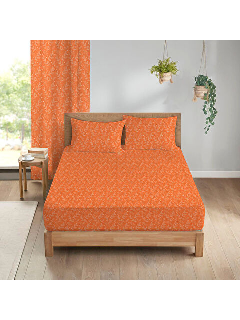 Evmila Çiçek Desenli Baskılı 180x200 Çift Kişilik Lastikli Çarşaf Seti Turuncu - S000291136-23173