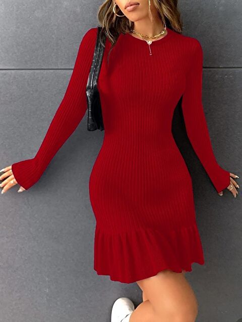 Jane's Kadın Bisiklet Yaka Uzun Kol Etek Ucu Fırfırlı Triko (polyenit) Mini Boy Elbise - S000528796-20045