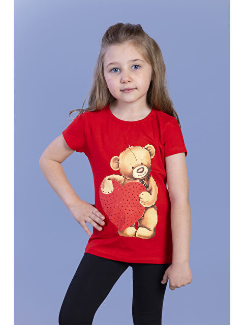 Toontoykids Kız Çocuk Kalpli Ayıcık Baskılı Taş İşlemeli Tişört