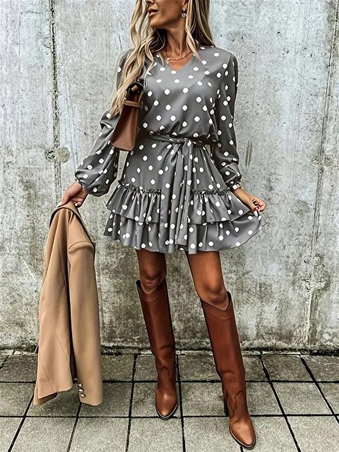 Jane's Kadın Uzun Kollu V Yakalı Belden Kuşaklı Puantiyeli Mini Modal Elbise - S000528804-20600