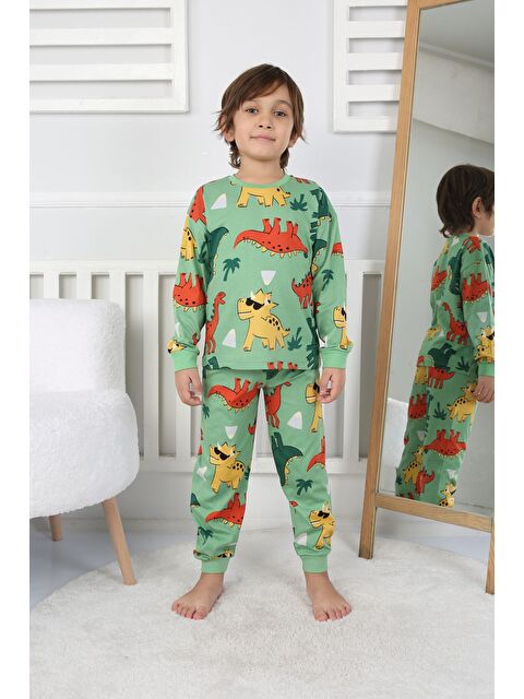 ZUZUNGA Dinozor Desenli Erkek Çocuk Pijama Takımı Yeşil 3-8 Yaş - S000520511-18194