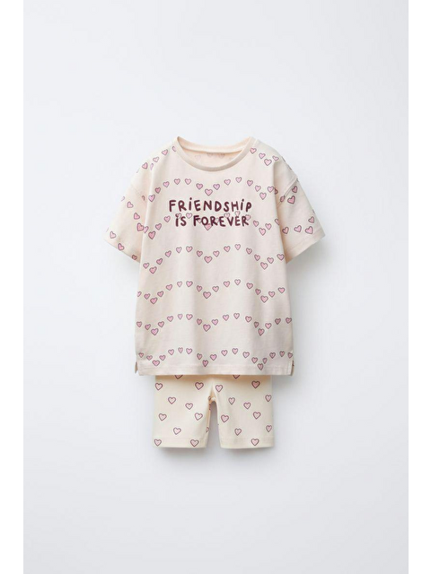 Magu Kız Çocuk Pamuklu Ekru Kalp Desenli Sloganlı Takım - Kısa Kollu T-Shirt Ve Biker Şortlu Set - S000521416-19965