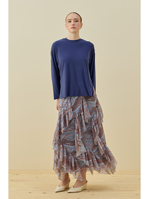 Remsa Üst ve Katlı Desenli Etek İkili Spanis Takım 1812 Mavi