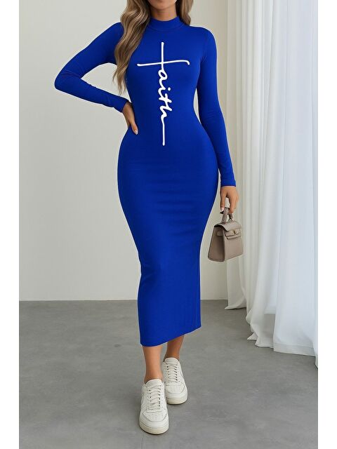 Jane's Kadın Uzun Kollu Boğazlı Baskı Detaylı Viskon Tam Boy Elbise - S000528810-17234