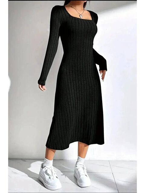 Jane's Kadın Kare Yaka Fitilli Kaşkorse Kumaş Midi Boy Elbise - S000528811-19351