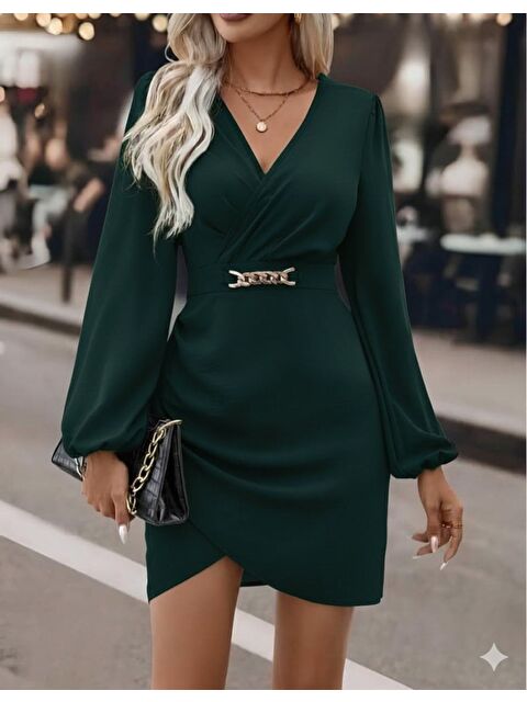 Jane's Kadın Uzun Kollu Kruvaze Yaka Yandan Büzgülü Asimetrik Detaylı Ithal Krep Mini Elbise - S000528813-18194