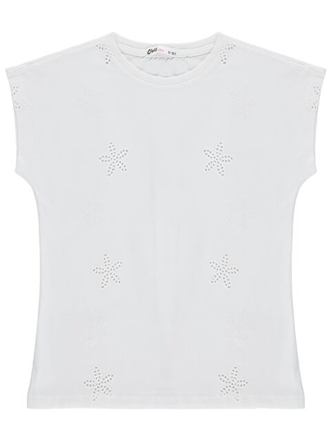 Civil Girls Yıldız Desenli 6-9 Yaş Tişört - Kırık Beyaz