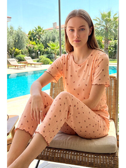 Remsa Kadın Desenli Pamuklu Kısa Kol Pointelle Kumaş Pijama Takımı 70753-3151 Somon