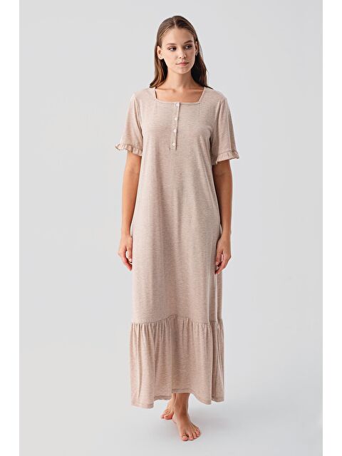 Artış Kısa Kollu Düğmeli Fırfırlı Pamuklu Uzun Gecelik 19117 - S000516849-19413