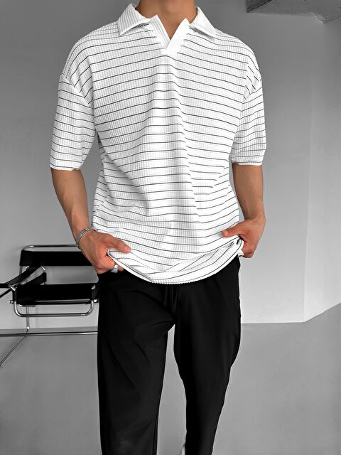 Abluka Online Erkek Oversize Yarım Pat Polo Yaka Çizgili Tişört Beyaz - S000270885-20063
