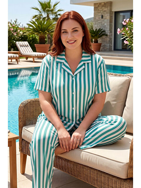 Remsa Büyük Beden Kadın Kısa Kol Milan Kumaş Pijama Takımı 50501-1970 Yeşil01