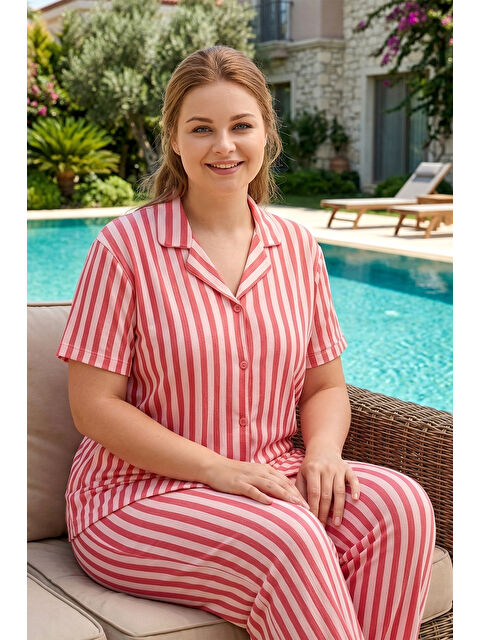 Remsa Kadın Kısa Kol Milan Kumaş Pijama Takımı 50501-1968 Koyu Pembe