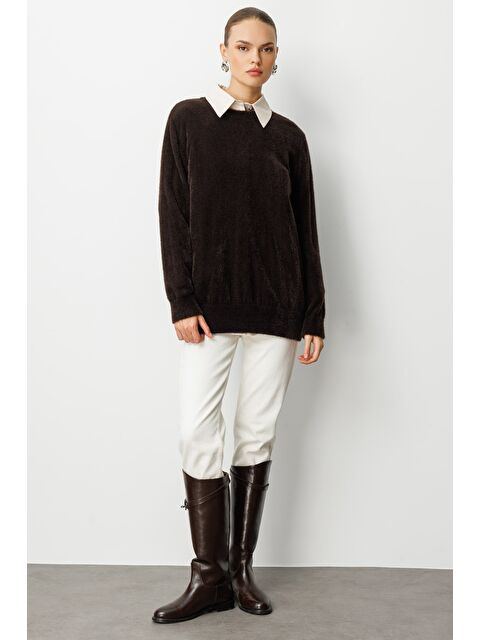 Mizalle Yuvarlak Yaka Oversize Yumuşak Dokulu Kahverengi Triko Kazak - S000488856-19413