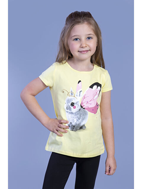 Toontoykids Kız Çocuk Tavşan Baskılı Pul İşlemeli Tişört
