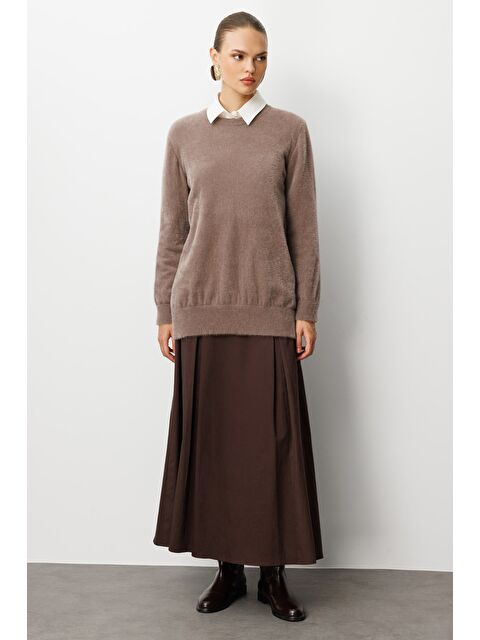 Mizalle Yuvarlak Yaka Oversize Yumuşak Dokulu Vizon Rengi Triko Kazak - S000488856-26429