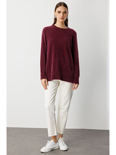 Mizalle Yuvarlak Yaka Oversize Yumuşak Dokulu Mürdüm Triko Kazak - S000488856-20036