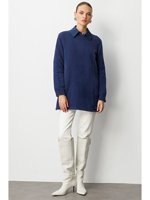 Mizalle Yuvarlak Yaka Oversize Yumuşak Dokulu Lacivert Triko Kazak - S000488856-21164