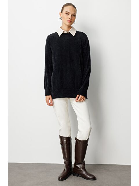 Mizalle Yuvarlak Yaka Oversize Yumuşak Dokulu Siyah Triko Kazak - S000488856-19351