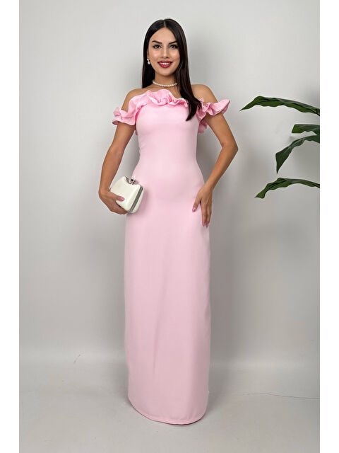 Lafaba Kadın Pembe Fırfırlı Kayık Yaka Uzun Abiye Elbise