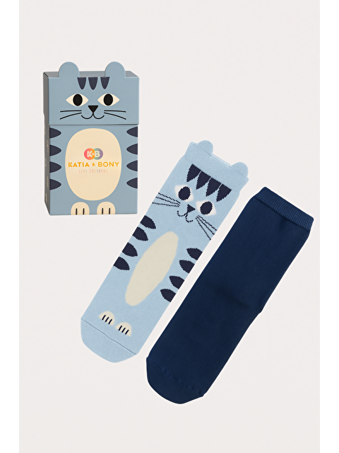 Katia And Bony Çocuk Kedi Desenli 2'Li Kutulu Soket Çorap Mavi - S000481255-17234