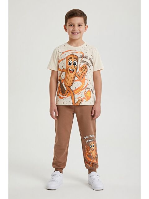 Cansın Mini Kahverengi Baskılı Bisiklet Yaka Tişörtlü Beli Lastikli Erkek Çocuk 2li Takım 23887