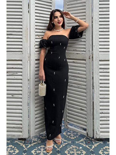 Lafaba Kadın Siyah Straplez Yaka İnci İşlemeli Uzun Söz Nişan Nikah Elbise