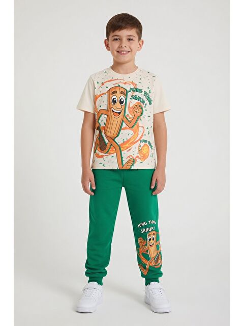 Cansın Mini Yeşil Baskılı Bisiklet Yaka Tişörtlü Beli Lastikli Erkek Çocuk 2li Takım 23885