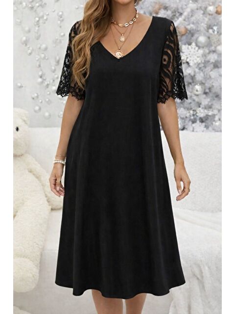 Jane's Kadın Kısa Dantel Kollu V Yakalı Midi Viskon Elbise