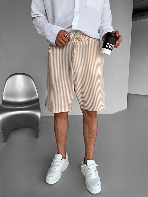 Abluka Online Erkek Beli Lastikli Çizgi Desenli Şort Krem - S000270866-19966