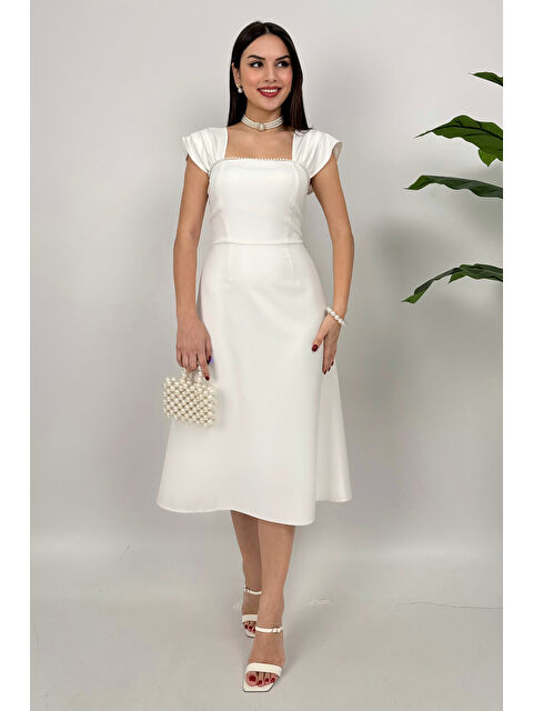 Lafaba Kadın Beyaz İnci Detaylı Midi Davet Elbisesi
