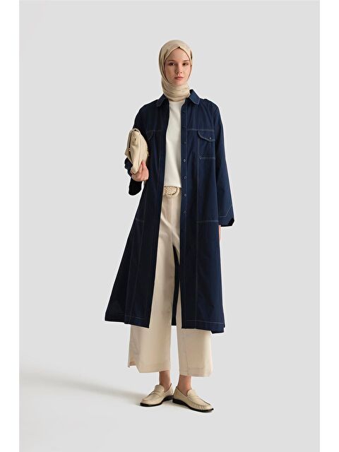ARMİNE Kontrast Dikişli Pamuk Tunik Elbise 25Y4705 Lacivert - S000490297-21164