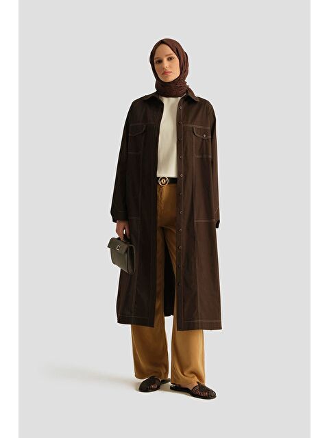 ARMİNE Kontrast Dikişli Pamuk Tunik Elbise 25Y4705 Kahverengi - S000490297-19413