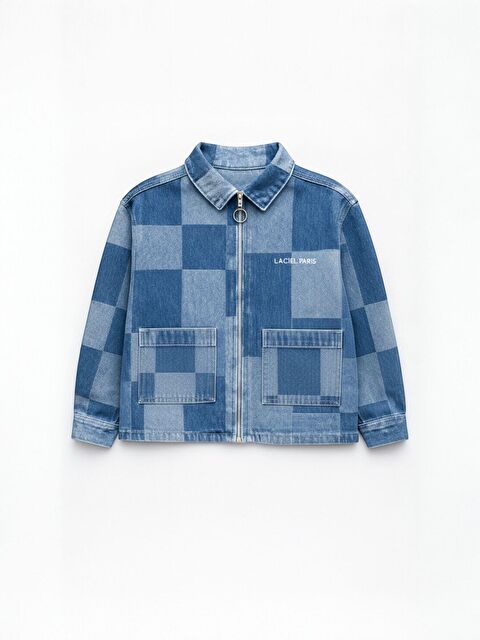 Magu Unisex Çocuk Pamuklu Mavi Kare Desenli Fermuarlı Denim Ceket – Günlük Tarz - S000469642-17234