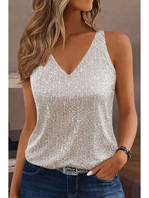 Jane's Kadın Askılı V Yakalı Pulpayetli Bluz