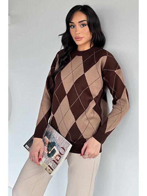 Gülseli Kadın Bisiklet Yaka Ekose Desenli Triko Kazak - S000517441-19413